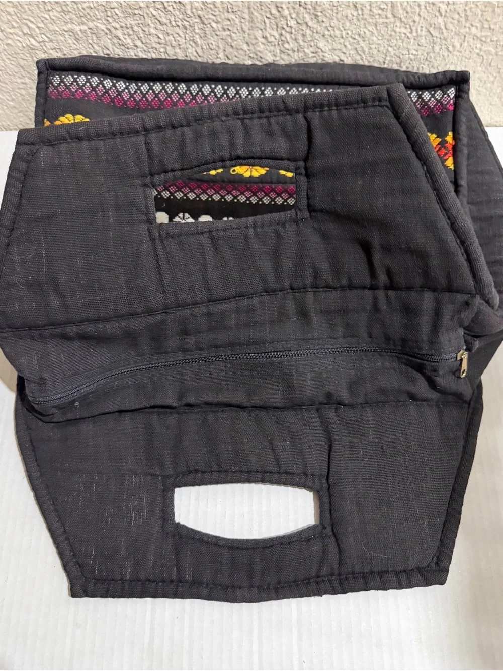 Women’s Black Embroidered Woven Handbag Ethnic Boho Top Handle Purse Zip Closur